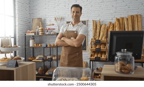 Middle-aged hispanic man standing confidently in a bakery shop with arms crossed and surrounded by shelves of fresh bread and pastries under natural indoor lighting - Powered by Shutterstock