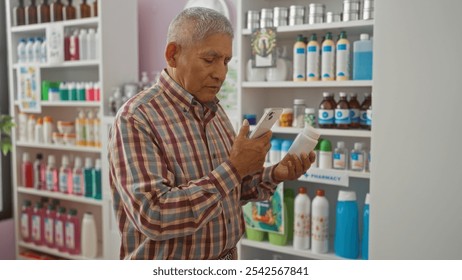 A middle-aged hispanic man using his mobile phone while examining a product bottle in a pharmacy's interior, surrounded by various items on the shelves. - Powered by Shutterstock