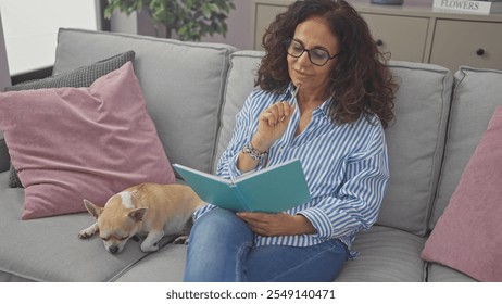 A middle-aged hispanic woman relaxes with her chihuahua on a home sofa, pensively holding a pen and journal - Powered by Shutterstock