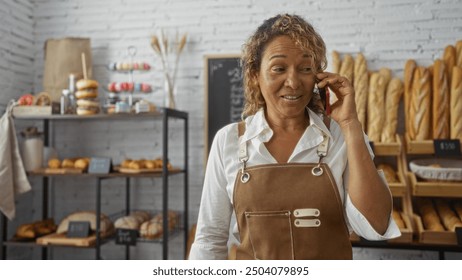 Middle-aged hispanic woman talking on the phone in a bakery, surrounded by various pastries and bread, highlighted by an organized bakery interior displaying freshly baked goods. - Powered by Shutterstock