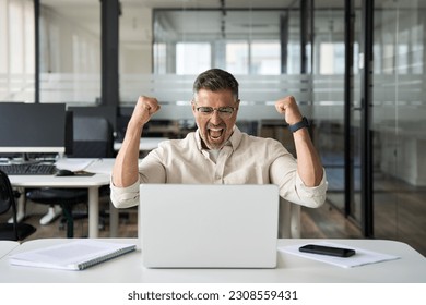 Middle-aged Latin or indian businessman screaming proud cheering with excitement , man read great news on smartphone celebrating victory and success sitting front of laptop computer working at office. - Shutterstock ID 2308559431