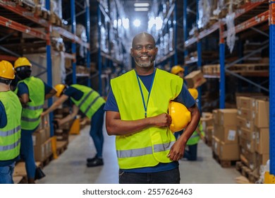 Middle-aged male African-American warehouse worker smiling for a photo wearing a safety vest, standing in a warehouse aisle with other workers working behind him. - Powered by Shutterstock