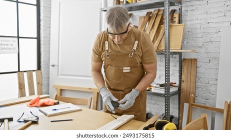 Middle-aged man in apron works carefully in a carpentry workshop, surrounded by tools and wood. - Powered by Shutterstock