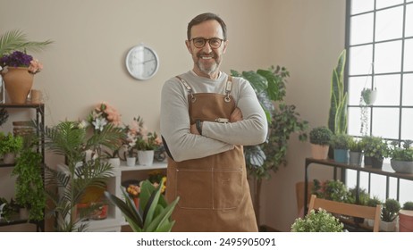 Middle-aged man with beard and glasses stands arms crossed in a flower shop, surrounded by plants and pots. - Powered by Shutterstock