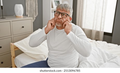 Middle-aged man with glasses sitting thoughtfully on a bed in a modern bedroom, exuding a pensive demeanor. - Powered by Shutterstock