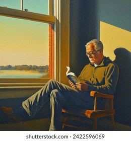 Middle-aged man reading by the window, Edward Hopper-like oil painting technique, warm sunset glow, casting long shadows.