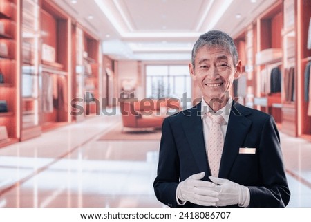 Middle-aged man serving customers at a luxury brand store
