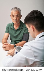 A middle-aged man sits with a concerned expression while a young doctor measures his blood pressure during a routine health check-up in a modern clinic.