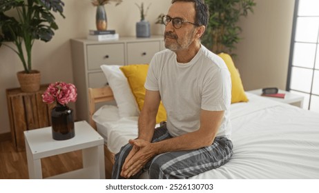 Middle-aged man sitting on bed in bedroom with plants and flowers, wearing glasses and casual clothing, indoors in a home interior setting, showing a relaxed and thoughtful expression - Powered by Shutterstock