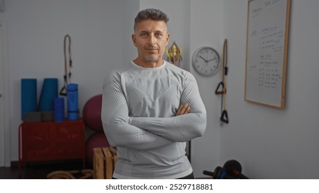 Middle-aged man in a sport center posing confidently with arms crossed against a background of gym equipment and a clock on the wall. - Powered by Shutterstock