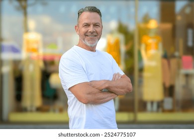 A middle-aged man stands confidently with his arms crossed, wearing a casual white t-shirt. - Powered by Shutterstock