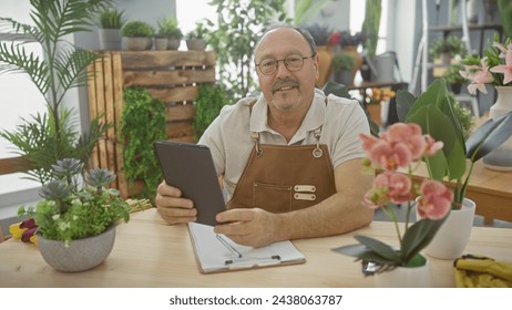 Middle-aged man with a tablet smiling in a flower shop surrounded by plants and greenery. - Powered by Shutterstock