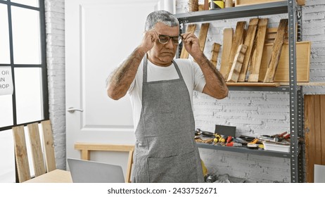 A middle-aged man wearing glasses adjusts safety equipment in a woodworking workshop. - Powered by Shutterstock