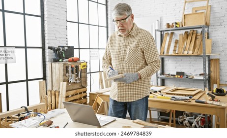 Middle-aged man writing in notebook in a woodworking workshop with tools and laptop. - Powered by Shutterstock