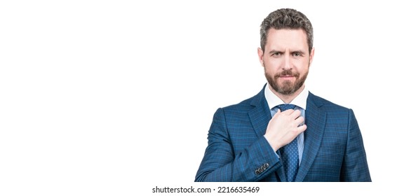 Middle-aged Manager Fix Necktie Wearing Elegant Blue Suit In Formal Fashion Style, Workwear. Man Face Portrait, Banner With Copy Space.