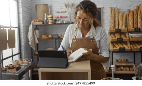 Middle-aged woman in a bakery writing in a notebook while checking a tablet surrounded by bread and pastries, wearing an apron, hispanic, indoors, focused on her task in a cozy shop environment. - Powered by Shutterstock