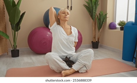 Middle-aged woman with blonde hair doing yoga with her chihuahua in an indoor gym featuring exercise balls and plants - Powered by Shutterstock