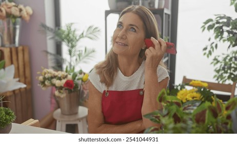 A middle-aged woman with blonde hair wearing a red apron listens to a phone in a flower shop full of bouquets. - Powered by Shutterstock