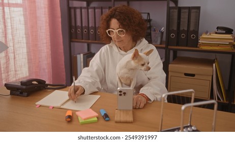 Middle-aged woman with chihuahua dog sitting at a desk in a home office, working on a notebook and using a smartphone, surrounded by office supplies and binders. - Powered by Shutterstock