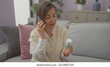 A middle-aged woman examines medication while on a phone call in a cozy living room. - Powered by Shutterstock