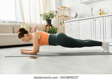 Middle-aged woman gracefully holds a plank pose in her stylish living room. - Powered by Shutterstock