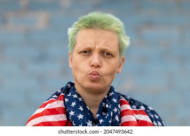 Middle-aged Woman With Green Hair Wearing An American Flag Bandana