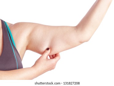 Middle-aged woman holding a hand with excess fat. On a white background.
