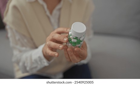 A middle-aged woman holding a pill bottle indoors focusing on medication and healthcare at home - Powered by Shutterstock