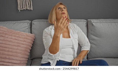 Middle-aged woman with short blonde hair sitting on a couch in a living room with a thoughtful expression. - Powered by Shutterstock