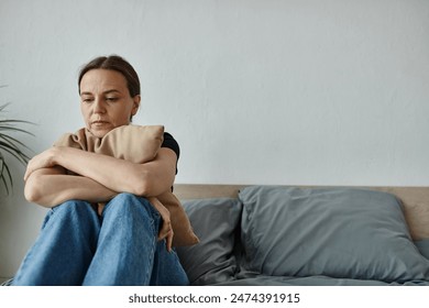 A middle-aged woman sits on a bed, arms crossed, showing resilience. - Powered by Shutterstock