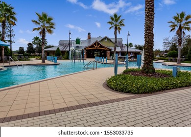 Middleburg, Florida / USA - November 5 2019: Community Pool With A Splash Pad And Slide