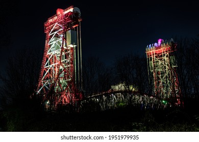 Middlesbrough, North Yorkshire, England - April 3 2021: Newport Bridge In Middlesbrough At Night Lit Gold For Autism Acceptance Week 2021