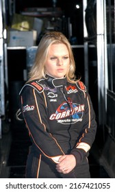 Middletown, NY, USA - April 2, 2022: Dirt Track Racer Jessica Friesen Prepares To Compete In A Stock Car Race  At Orange County Fair Speedway In Middletown, NY.