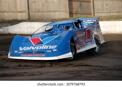 Middletown, NY, USA - August 19, 2021: Short Track Racer Brandon Sheppard Hustles His Dirt Late Model Stock Car Around The Dirt Track At Orange County Fair Speedway.  