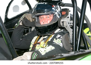 Middletown, NY, USA - October 22, 2021: Short Track Racer Andy Bachetti Sits In His Dirt Modified Stock Car Before A Race At Orange County Fair Speedway In Middletown, NY. 