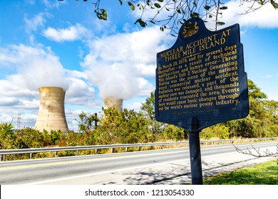 Middletown, PA, USA - October 21, 2018: Historic Marker near Three Mile Island Nuclear power generating station, commonly known as TMI.