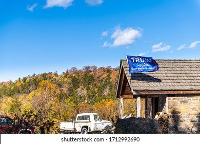 Middletown, USA - October 27, 2019: Frederick County, Virginia Countryside With Election Flag Banner Sign For Trump KAG Keep America Great In 2020 By House And Truck In Rural Mountains