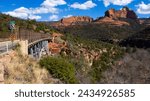 Midgley Bridge in Sedona, Arizona, with desert red rock mountain peaks in view, Yavapai and Coconino Counties, near Flagstaff, Clarkdale, Village of Oak Creek, and Cottonwood, in March of 2024.