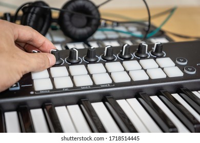 MIDI keyboard synthesizer piano keys closeup for electronic music production / recording in home music studio