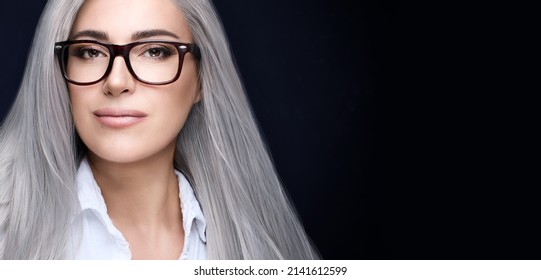 Midle-age Woman With Spectacles Looking At Camera. Eyewear And Clear Vision Concept. Panorama Banner With Copy Space