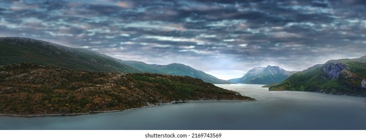 Midnigh Sun In Norway. Midnight Sun Over Landscape In Nordland, Norway.