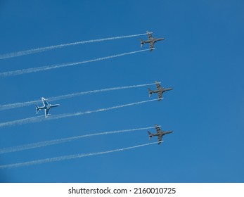 Midnight Hawks the official Finnish Air Force aerobatic team an airshow. Gdynia, Poland, August 2021