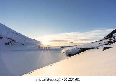 Midnight Sun In The Mountains Near Narvik, Nordland. 
Arctic Norway