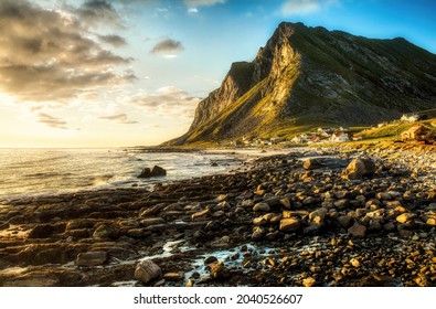 Midnight Sun At Vikten On Flakstad Island In Lofoten, Nordland, Norway