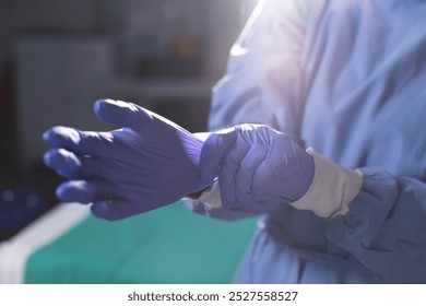 Midsection of biracial female surgeon wearing surgical gown and medical gloves in operating theatre. Medicine, healthcare, surgery, work and hospital. - Powered by Shutterstock