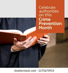 Midsection of caucasian lawyer reading book and celebrate authorities on this crime prevention month. Text, composite, justice, law, legal system, protection, support, awareness and alertness. - Powered by Shutterstock