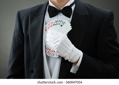 Midsection Magician Putting Fanned Out Cards Stock Photo 360047054