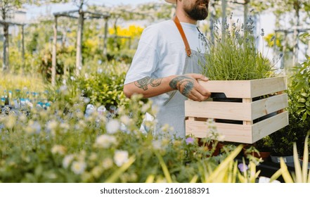 Midsection Of Male Gardener Walking And Holding Box. Garden Centre Shop