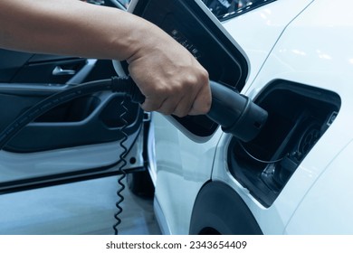 Midsection of man plugging in cable while charging electric car
