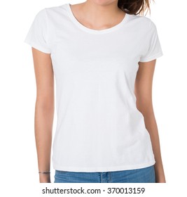 Midsection Of Young Woman Wearing Blank Tshirt On White Background